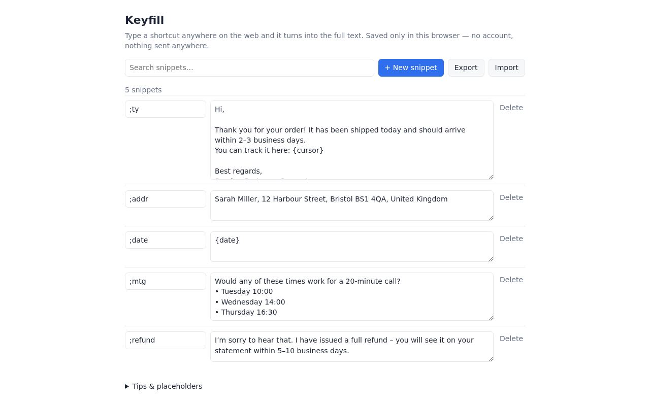 Keyfill snippet manager with search, export and import
